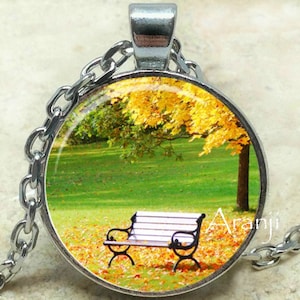 Autumn bench art pendant, autumn necklace, autumn jewelry, fall pendant, fall necklace, park bench pendant, fall, Pendant #SP101P