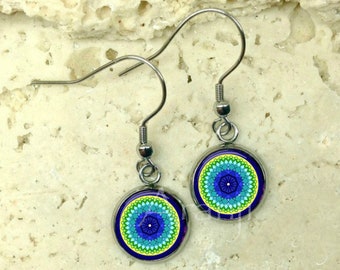 Blue, green and yellow kaleidoscope earrings, blue green mandala earrings, kaleidoscope drop earrings, mandala earrings PA124DP