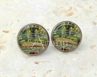 Glass dome Monet's The Japanese Footbridge and the Water Lily Pool earrings, Monet earrings, Monet art earrings, fine art earrings AR133E