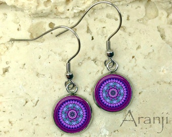 Purple mandala earrings, mandala earrings, purple drop earrings, purple mandala drop earrings, purple boho earrings, drop earings, PA116DP