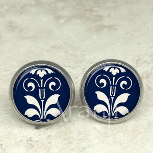 Navy and white stud earrings, blue and white fleur de lis art earrings, stud earrings, post earrings, navy blue post earrings PA203E
