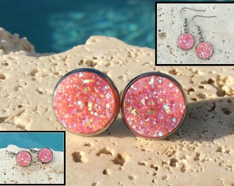 Tutti Frutti iridescent coral druzy earrings, coral druzy post hook drop leverback stud earrings,  earrings, coral bridesmaid, Earring#R14E