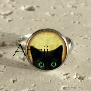 Black kitten ring, black cat adjustable stainless steel ring, art ring, cat jewelry, green eyed cat ring, adjustable cat ring Ring#AN223R