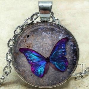 Blue butterfly on stone art pendant, butterfly necklace, butterfly pendant, butterfly jewelry, iridescent blue butterfly, Pendant #AN106P