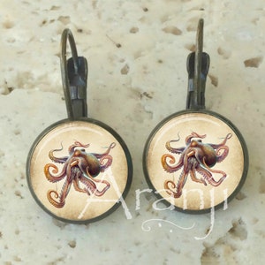 Octopus art earrings, octopus earrings, octopus jewelry, octopus leverback earrings AN112LB