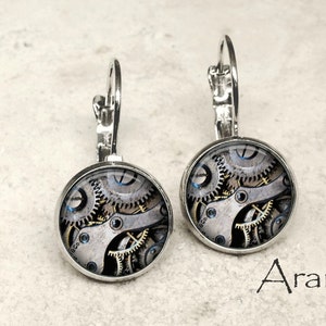 Glass steampunk gear earrings, gear earrings, clockwork earrings, gear leverback earrings, steampunk earrings, photo earrings HG169LB