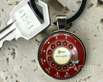 Red telephone keychain, key chain, key ring, key fob, phone keychain, keychain, rotary phone keychain, vintage phone keychain #HG118K