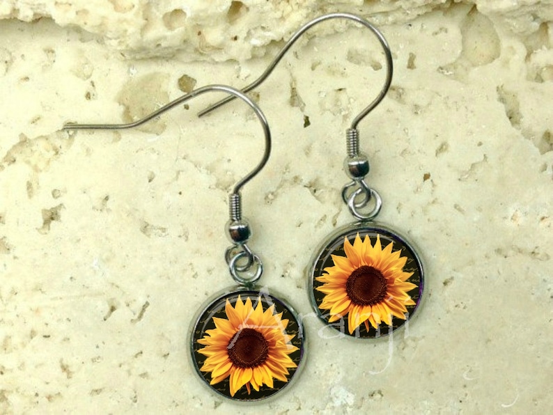 Sunflower Art Earrings Sunflower Earrings Sunflower Drop Etsy