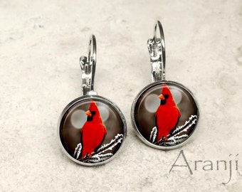 Glass dome cardinal earrings, cardinal earrings, cardinal photo earrings, cardinal leverback earrings, bird earrings, bird jewelry, AN156LB