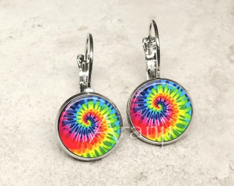 Tie dye rainbow swirl leverback earrings, tie dye earrings, spiral earrings, leverback earrings, swirl earrings, tie dye earrings, PA146LB