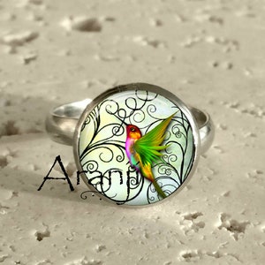 Hummingbird art ring, hummingbird adjustable ring, hummingbird jewelry, bird adjustable ring, hummingbird, Ring #AN133R
