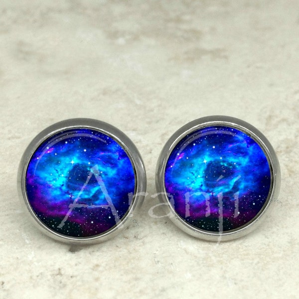 Glass dome blue nebula earrings, galaxy earrings, nebula stud earrings, blue nebula, astronomy earrings, space earrings, galaxy, SP103E