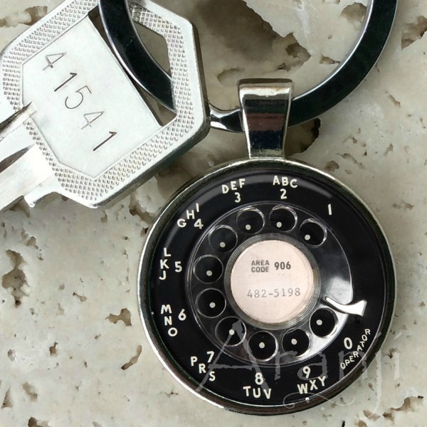Black telephone keychain, key chain, key ring, key fob, phone keychain, keychain, rotary phone keychain, vintage phone keychain #HG134K