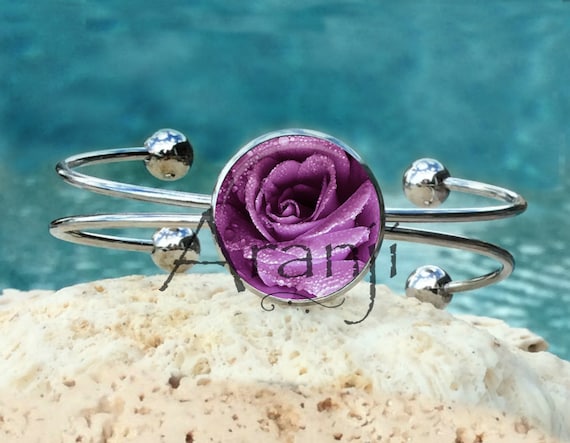 Purple Rose Bracelet, Purple Flower Bangle Bracelet, Cuff Bracelet
