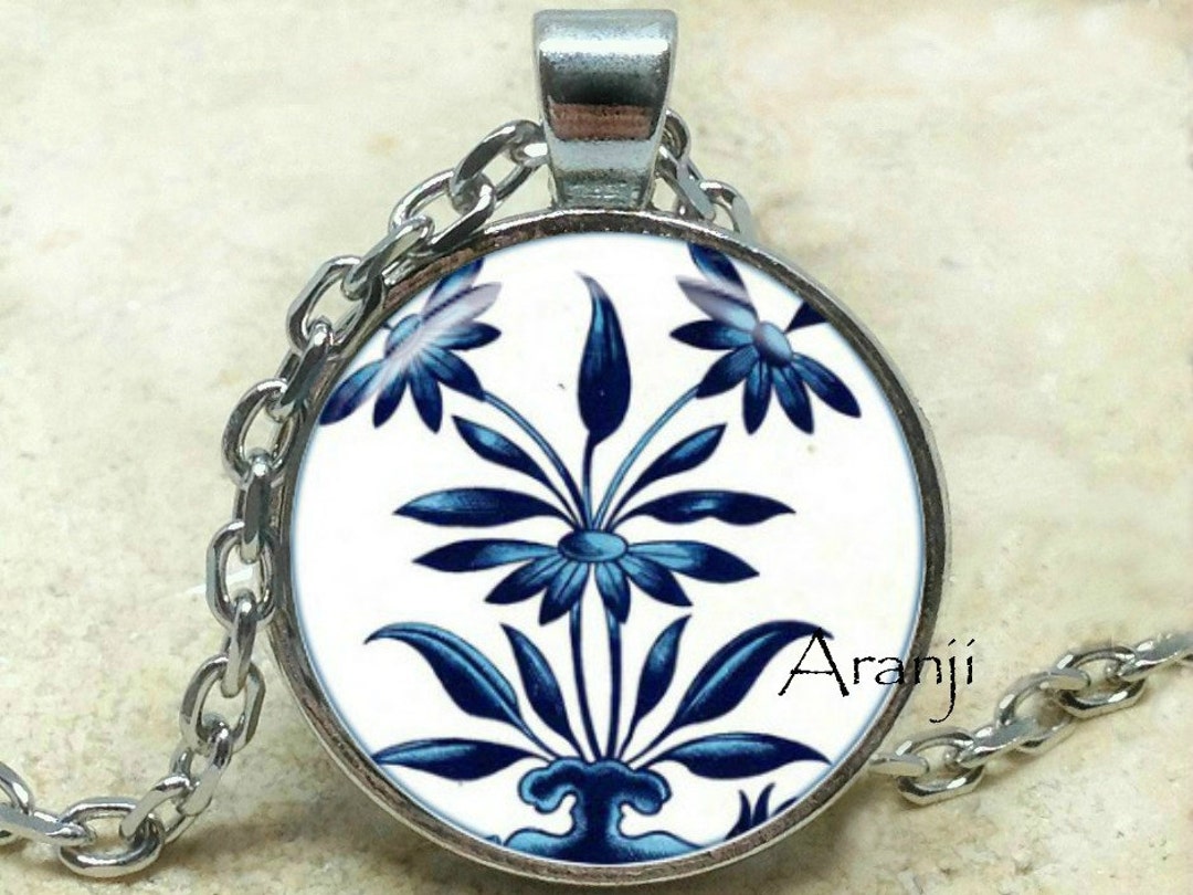 Blue and White Porcelain Art Pendant, Blue China Necklace, Blue