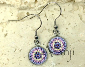 Glass dome millefiori art earrings, millefiori print earrings, French hook earrings, millefiori French hook earrings PA197DP