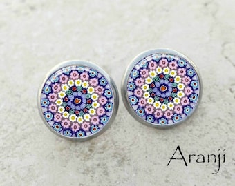 Glass dome millefiori art earrings, millefiori print earrings, stud earrings, millefiori stud earrings PA197E