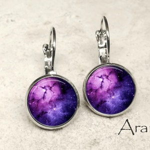 Purple nebula earrings, nebula jewelry, nebula leverback earrings, nebula earrings, space earrings, space jewelry, galaxy, nebula, SP108LB