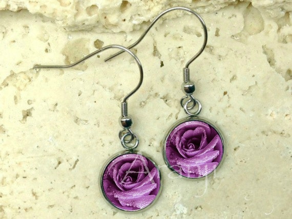 Purple Rose Earrings, Rose Earrings, Purple Rose Drop Earrings