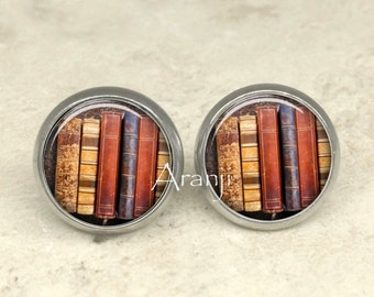 Glass dome book earrings, book earrings, bookshelf earrings, book posts, book stud earrings, book jewelry, bookshelf earrings, books, HG157E