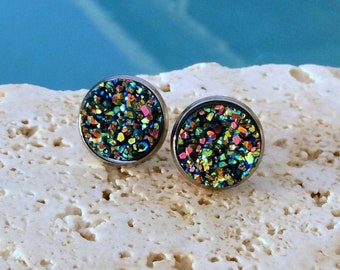 Dragon Lady iridescent green druzy earrings, green druzy earrings, druzy rainbow green stud earrings, druzy studs, bridesmaid, Earring#G11E