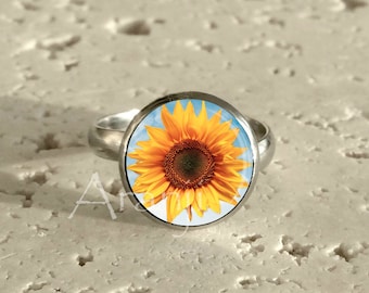 Sunflower ring, sunflower adjustable stainless steel ring, yellow ring, sunflower jewelry, flower ring, adjustable sunflower Ring#PL109R