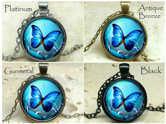 ★BLACKPURPLE★ 5P Blue Butterfly Necklace Iridescent Blue Butterfly Necklace, Butterfly Necklace