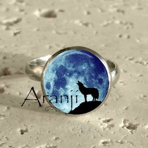 Howling wolf full moon art ring, moon ring, full moon adjustable ring, wolf jewelry, wolf ring, moon ring, full moon, Ring #AN142R