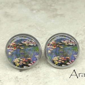 Monet Waterlilies earrings, Waterlilies earrings, Monet earrings, fine art earrings, Claude Monet Waterlilies, Monet stud earrings, AR131E image 1