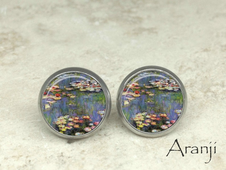 Monet Waterlilies earrings, Waterlilies earrings, Monet earrings, fine art earrings, Claude Monet Waterlilies, Monet stud earrings, AR131E image 1