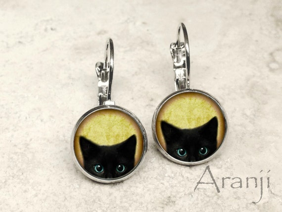 Glass dome black kitten  leverback earrings, black cat leverback earrings, black cat jewelry, black cat, black kitten earrings AN116LB
