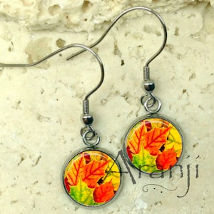 Glass dome autumn leaves earrings, leaf drop earrings, autumn earrings, leaf earrings, autumn jewelry, autumn leaves PL212DP