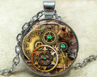 Steampunk clock art pendant, steampunk gears necklace, steampunk clockwork jewelry, steampunk pendant, Pendant #HG176P