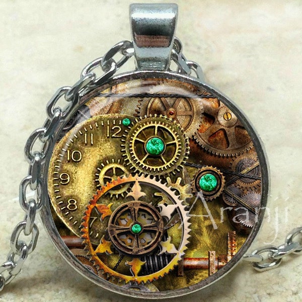 Steampunk clock art pendant, steampunk gears necklace, steampunk clockwork jewelry, steampunk pendant, Pendant #HG176P