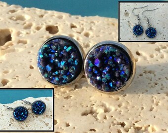 Cosmos iridescent dark blue druzy earrings, blue stud, hook, leverback, post, drop druzy iridescent earrings, blue bridesmaid Earring#B07E