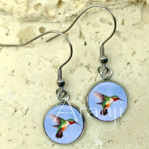 Glass dome hummingbird earrings, hummingbird earrings, hummingbird drop earrings, hummingbird dangle earrings AN110DP