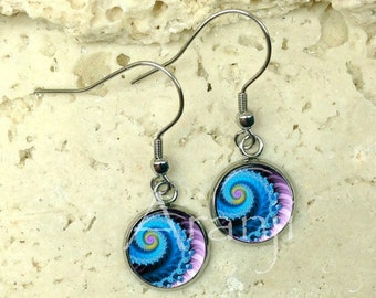 Blue fractal swirl drop earrings, fractal earrings, spiral earrings, spiral drop earrings, swirl earrings, blue drop earrings PA107DP
