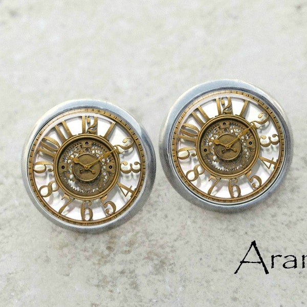 Glass dome clock earrings, vintage clock earrings, clock earrings, watch earrings, clock posts, clock stud earrings HG151E