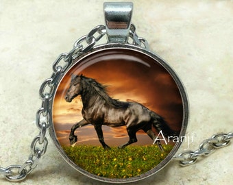 Horse art pendant, horse necklace, horse jewelry, black horse pendant, horse art, black horse necklace, horse, Pendant #AN168P