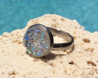 Icy Sparkles druzy ring, druzy ring, clear iridescent druzy ring, druzy jewelry, ring, iridescent druzy adjustable ring, druzy Ring #N04R