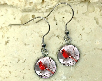 Glass dome cardinal earrings, cardinal earrings, cardinal drop earrings, cardinal dangle earrings AN111DP