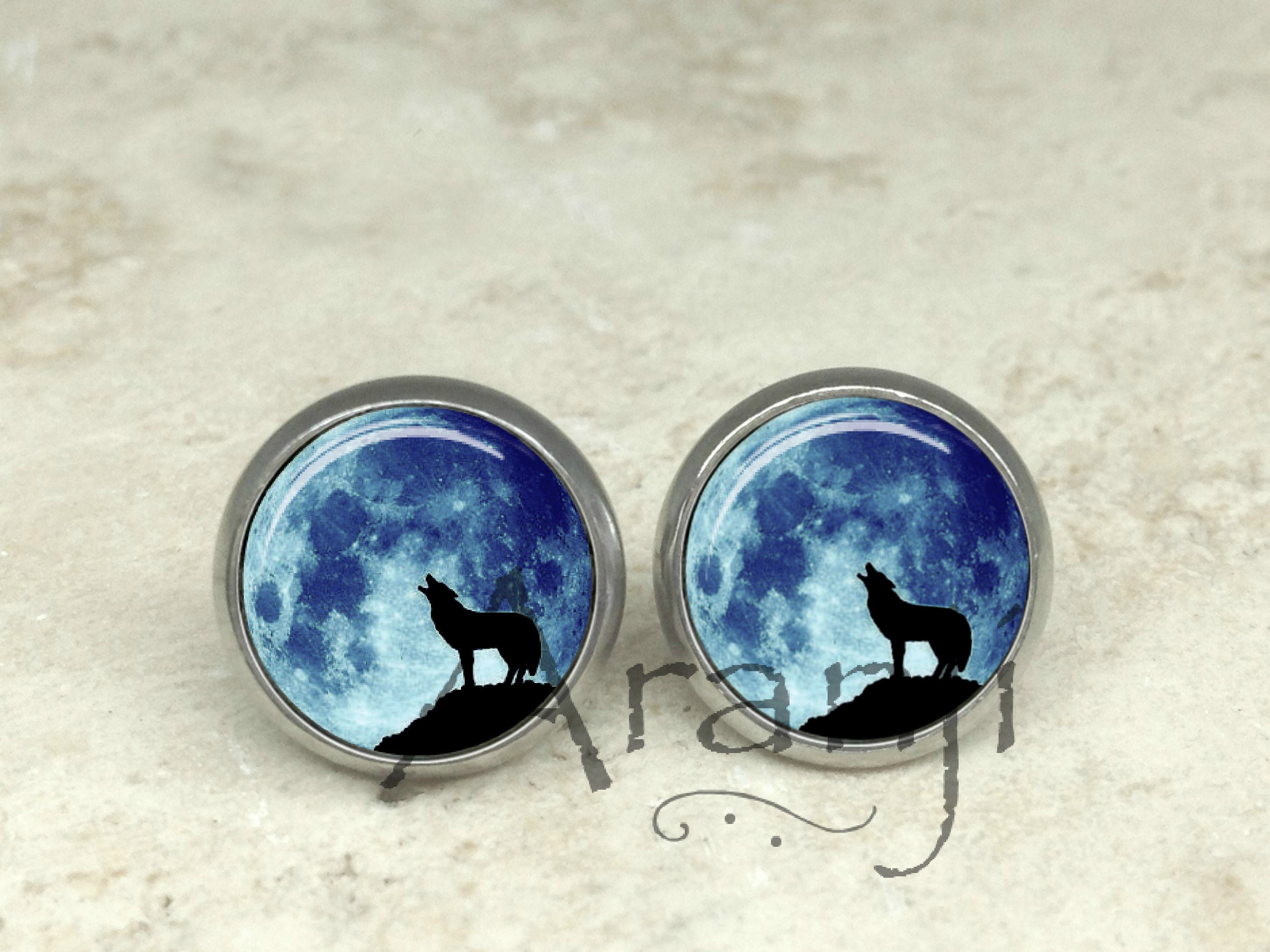 Howling Wolf Moon Earrings, Wolf Earrings, Wolf Jewelry, Wolf Stud