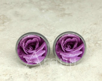 Purple rose earrings, rose earrings, purple rose stud earrings, rose stud earrings, purple rose, purple flower earrings, PL214E