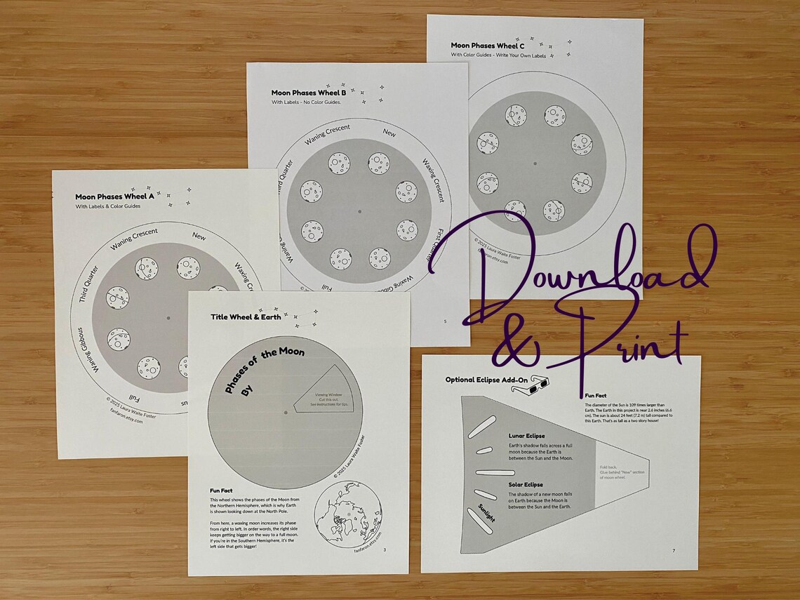 Moon Phases Wheel: Black & White Printable With Eclipse Fold-out - Etsy