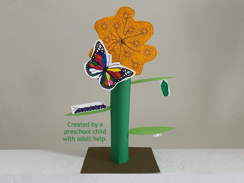May include: A paper craft depicting the life cycle of a butterfly. A yellow flower with black outlines, a green caterpillar, a green chrysalis, and a colourful butterfly are shown on a green stem. The text "Created by a preschool child with adult help." is at the bottom of the image.