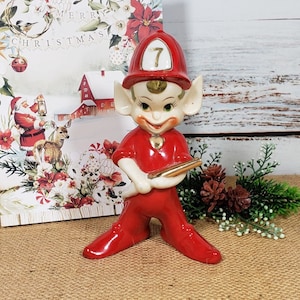 Vintage 1950s Christmas Fireman With Hose Wales Porcelain 6" Pixie Elf Figurine Made in Japan