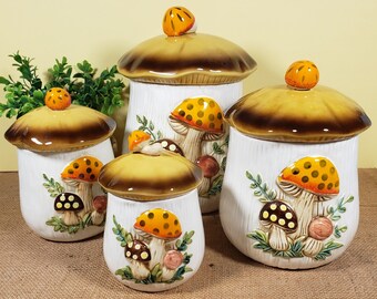 Vintage Sears & Roebuck Co Merry Mushroom 4 Piece Canister Set Japan 1978