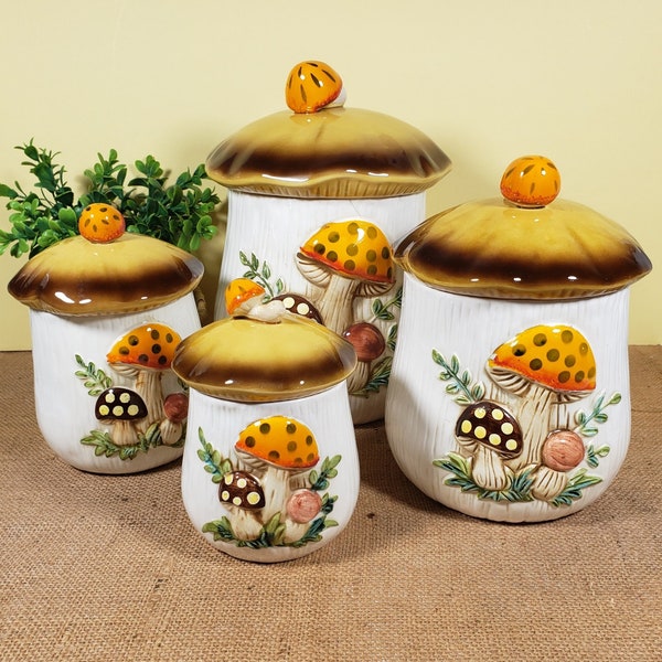 Ensemble de 4 boîtes de conserve Sears & Roebuck Co Merry Mushroom, Japon 1978