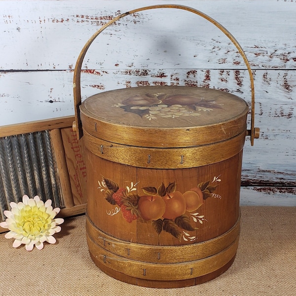 Vintage Primitive Hand Painted Fruit 10" Staved Wooden Firkin Pail Bucket With Lid