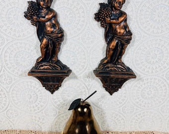 Vintage Dart 1969 Cherub Wall Hangings, Bronzed Grape Decor, Cottagecore Sculpture Pair